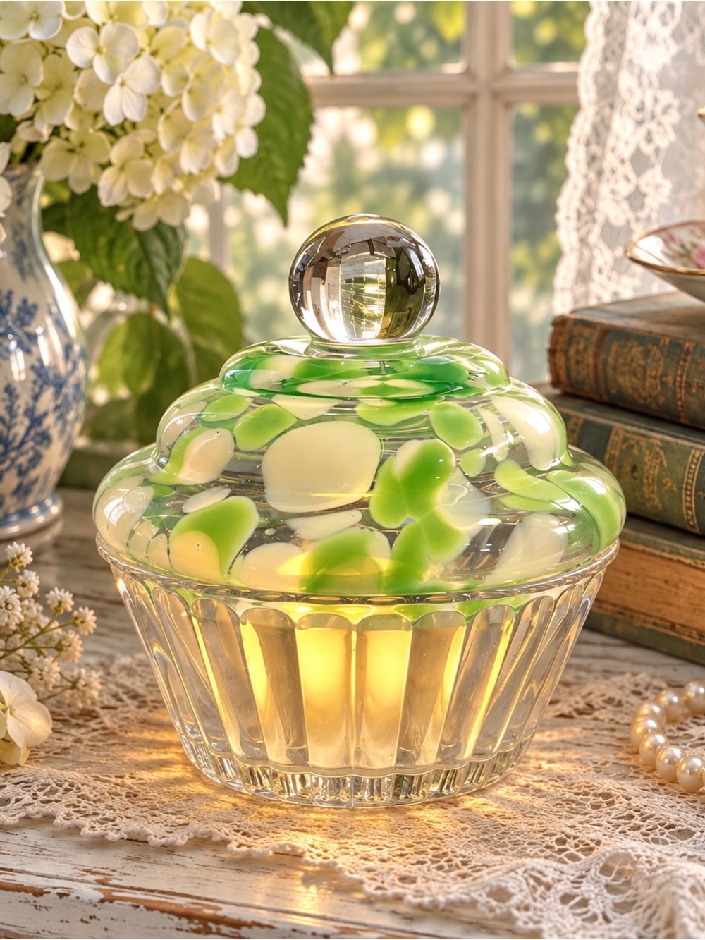 Handblown Art Glass Cupcake Trinket Box Fairy Lamp | Green & White